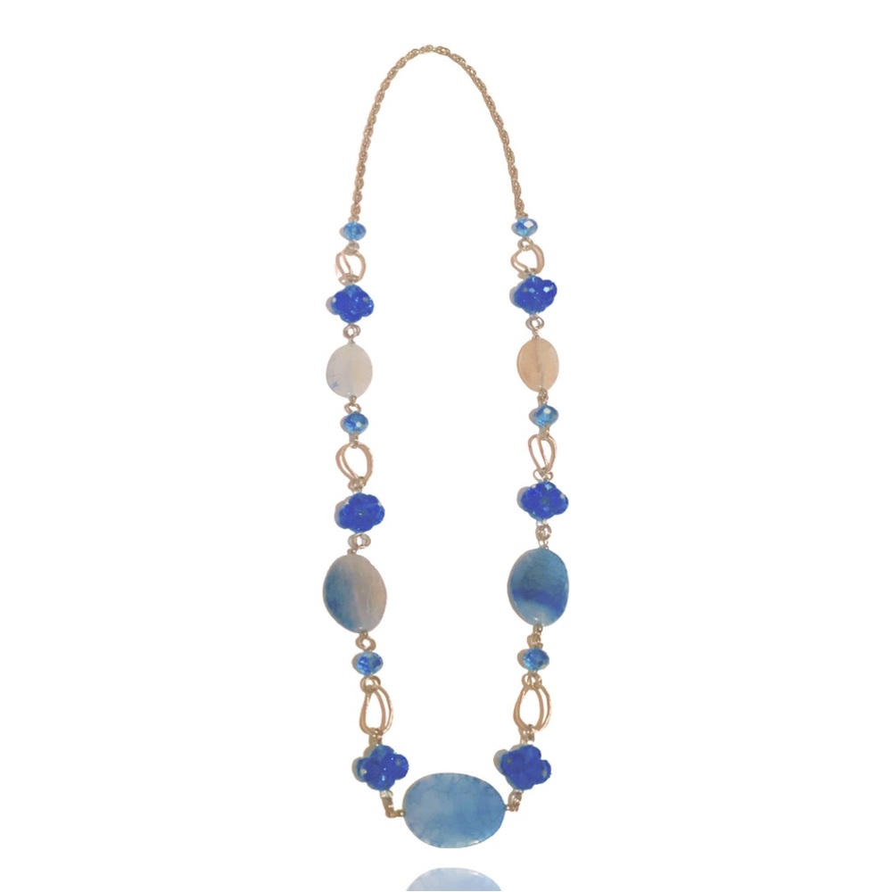Blue And Antiqued Gold Tone Crystal and Agate Natural Stone Long Necklace